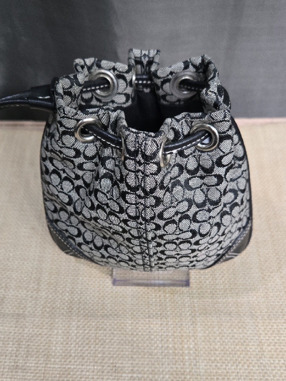 Like New! Coach Black & Gray Signature Drawstring Mini Bag - Picture 2 of 12